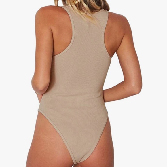 Scoop neck racerback tank button down bodysuit tan - Picture 3 of 6